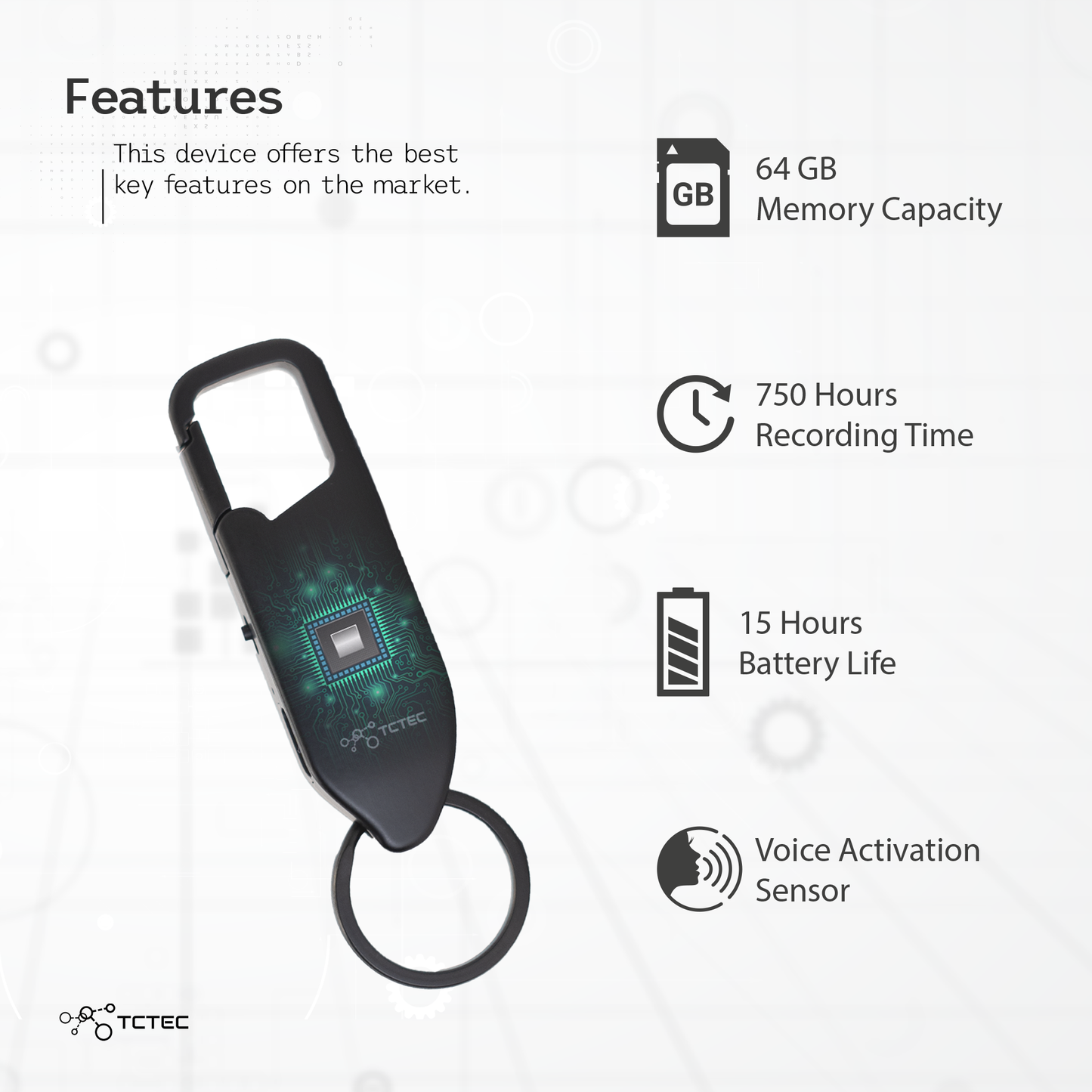 TCTEC Keychain Voice Recorder | Voice Activated Recorder | 64GB Voice Recorder